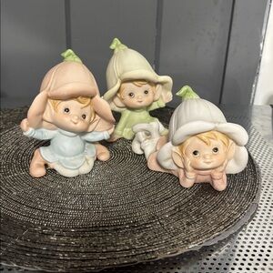 Set of 3 HOMCO Ceramic Flower Pixie Elf Figurines